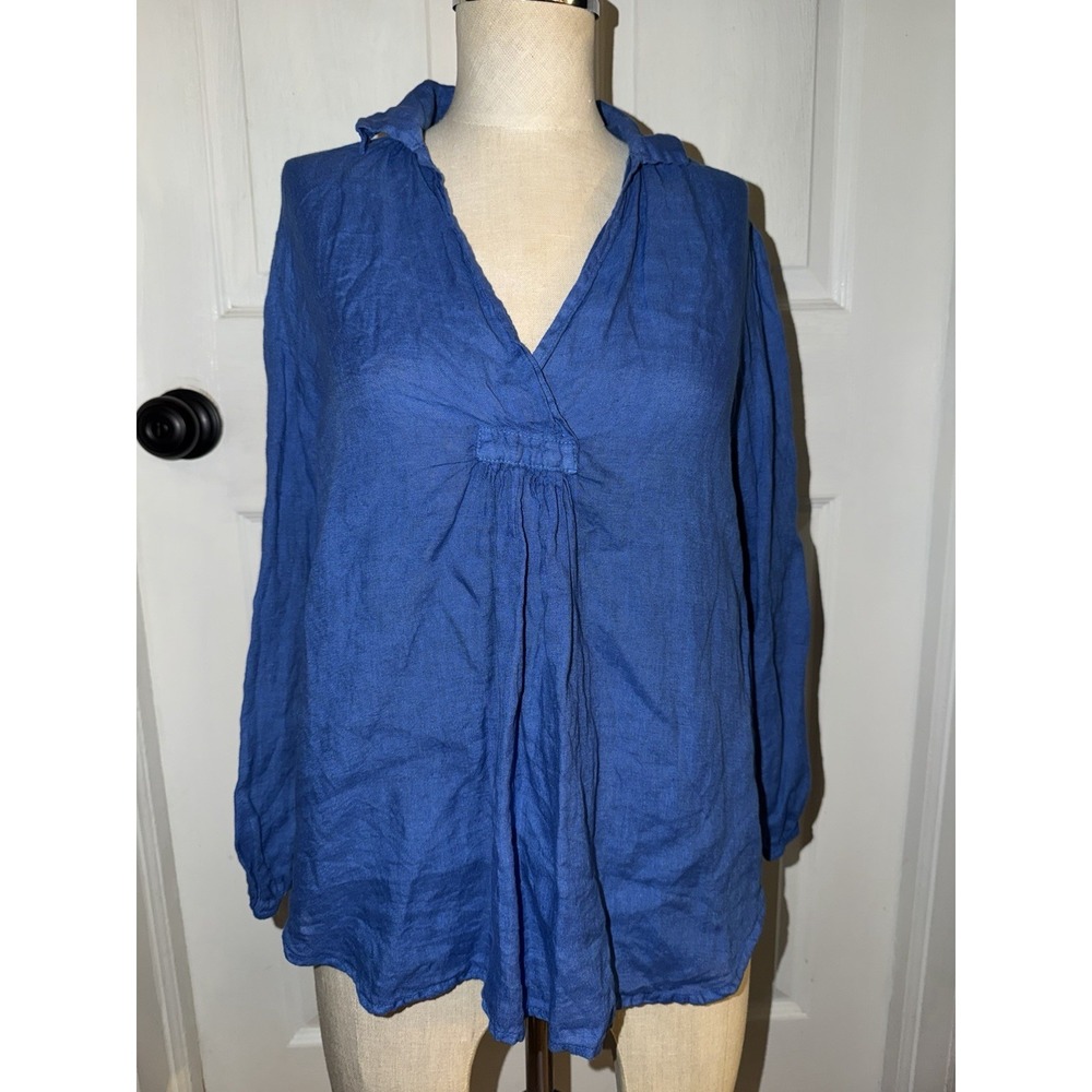 Stark X USA 100% Linen Blouse 3/4 Sleeve XS Boho Lagenlook Boxy Blue Women's